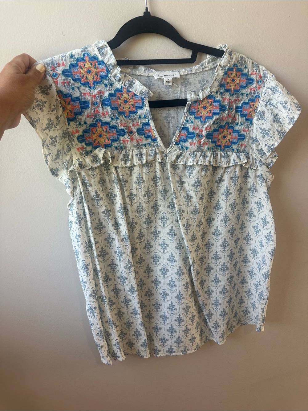 Blu Pepper Cream Blouse with Blue and Multicolor Embroidered Yoke